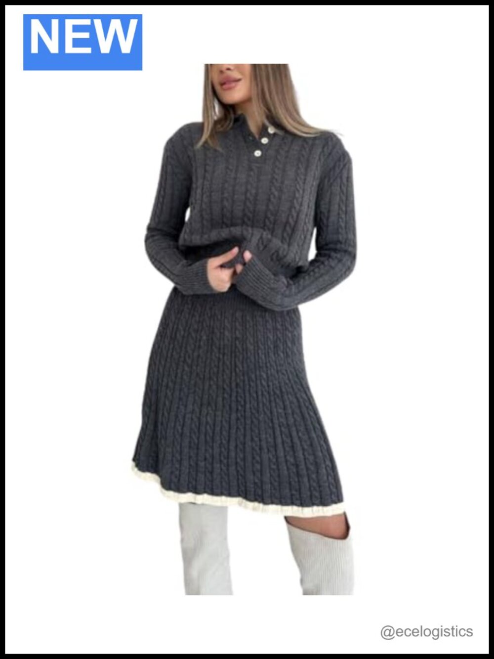 2 Piece Cable Knit Sweater and Pleated Skirt Set Long Sleeve Polo Crop Top High